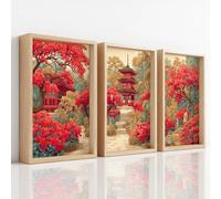 Unframed Canvas Prints Wall Art Set, Asian Japanese Pictures for Wall Decor, Artwork Ukiyo-E Illustration Garden Pagoda Flower Elegant for Living Room Bedroom Office Bathroom Toilet A2 | 42 x 59.4 cm
