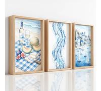 Unframed Canvas Prints Wall Art Set, Mediterranean Coastal Pictures for Wall Decor, Artwork Summer Beach Picnic Sardine Ocean Holiday for Living Room Bedroom Office Bathroom Toilet A2 | 42 x 59.4 cm