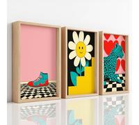 Unframed Canvas Prints Wall Art Set, Retro Pop Art Decor Picture, Artwork Chequered Daisy Leopard Love Heart Trendy Fashion Y2K for Living Room Bedroom Office Bathroom Toilet 30 x 40 cm | 12" x 16"