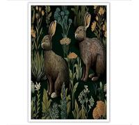 UnFramed Canvas Wall Art - Brown Retro Animals, Wild Rabbits Among The Flowers Printed paintings, Whimsical Walls Decoration for Living Room, Bedroom Pictures for Wall or Prints for Walls - 60 x 90 cm