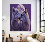 UnFramed Canvas Wall Art - Purple Wild Animals, Wolves Nestled Together Under The Moon Printed paintings, Whimsical Walls Decoration for Living Room, Bedroom Pictures for Wall or Prints- 50 x 70 cm