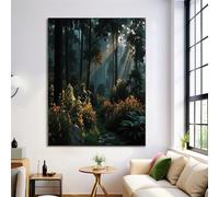 UnFramed Canvas Wall Art Sunlight Shines On The Flower Bushes Canvas Print Forest Scene Dark Green Picture Painting Poster for Living Room Bedroom Bathroom Corridor Home Wall Decoration 70 x 100 cm