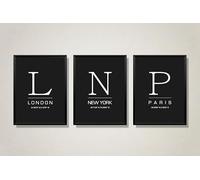 Unframed City Coordinates Wall Art, London New York Paris Typography Prints, Black and White, Set of 3. Size A4