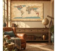 Unframed World Map Canvas, Parchment Explorer, 70x140cm, Single Piece | Unframed world map canvas with a Antique Beige World Atlas for wall art for living room, bedroom pictures and office decor
