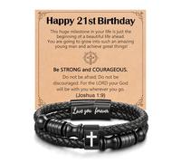 UNGENT THEM Joshua 1:9 Encouraging Christian Birthday Gifts for Boys Teens Men, Bible Verse Leather Cross Bracelet, 8.5 Inch, no gemstone