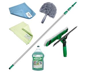 UNGER 6 Piece Conservatory Window Cleaning Kit - 6m Telescopic Pole, Squeegee/Washer, Cobweb Duster, Microfibre Cloths, Soap - Extendable Long Reach