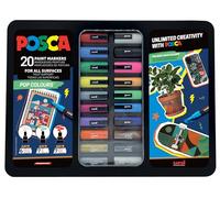 Uni-Ball 186832 - POSCA Marker Set, 20 Acrylic Pens in Case, Pop Colours Marker Set, Point PWE5M 1.8-2.5 mm