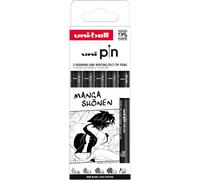 uni-ball - 5 Shonen Manga Writing and Drawing Pens - 4 Ultra-Fine to Medium Calibrated Tips and 1 Brush Tip - Black Ink