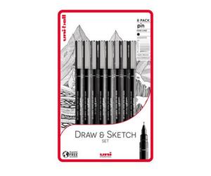 Uni-ball Draw and Sketch 8 piece Uni-pin fineliner drawing pens, black