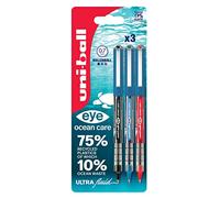 uni-ball Eye Ocean Care UB-157ROP Rollerball Pens. Fine 0.7mm Ballpoint Tip for Smooth Writing, Drawing, Art & Colouring. Fade and Water Resistant Liquid Uni Super Ink. 3 Pack Black, Blue, Red
