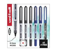 uni-ball Eye Rollerball Pens, 0.5 mm, Black, Blue (5-Pack + 1 Free Eye)