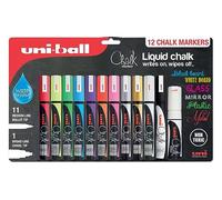 uni-ball Liquid Chalk Pens. Multi-Purpose Wipeable and Erasable Coloured Markers for Blackboards Chalkboards Whiteboards Glass Mirrors Plastic Windows Metal. Non Toxic. Multipack Set of 12
