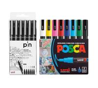 uni-ball PIN-200 Fine Tip Marker Pens 0.02-0.8mm with Posca 3M 0.9-1.3mm Markers | 6 Pack Black Pigment Fine Point Pens & 8 Pack Multi Coloured Bullet Markers