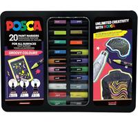 uni-ball Posca Groovy Colours 1MC/3M/5M Metal Box of 20 Markers, Assorted Colours
