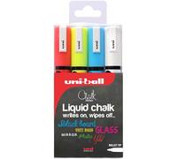 Uni-Ball PWE-5M Liquid Chalk Marker Pens. Multi-Purpose Wipeable Coloured Markers for Blackboards, Chalkboards, Whiteboards, Glass, Mirrors, Plastic, Windows, Metal. Non-Toxic. Bullet Tip. Pack Of 4