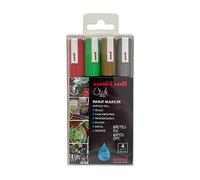 uni-ball PWE-5M Liquid Chalk Pens. Multi-Purpose Wipeable Coloured Markers for Blackboards, Chalkboards, Whiteboards, Glass, Mirrors, Plastic, Windows, Metal. Christmas Tones. Bullet Tip 5mm. 4 Pack
