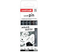 Uni-Ball Technical Felt-Tip Pouch - Calibrated Tips 0.03 to 0.5 mm & Brush - Black & Dark Grey - 5 Pens