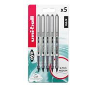 Uni-ball UB-157 Eye Black Rollerball Pens. Premium Fine 0.7mm Ballpoint Tip for Super Smooth Handwriting, Drawing, Art, Crafts and Colouring. Fade and Water Resistant Liquid Uni Super Ink. Pack of 5