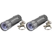 Uni-Com Keyring Torch with Carabiner Clip - Compact LED Keychain Flashlight, Aluminium Housing, Long-Life Batteries Included for Keys, Handbags, Backpacks, Belt Loops, Silver (Pack of 2)