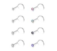 Uni-J G23 Titanium 20G Nose Rings Studs for Women Men Hypoallergenic Cubic Zirconia Corkscrew Nose Piercing Jewelry 8Pcs Silver, 20G, Titanium, cubic zirconia