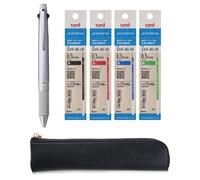 Uni Jetstream 4&1 Metal Edition 0.5 Multifunction Pen (Black/Red/Blue/Green and Mechanical Pencil) Ice Silver Body + SXR-80-05 Refills, qullity Original Black Slim Pen case