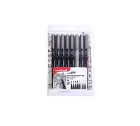 uni-PIN 8pc assorted clampack, mix of Black Fine Line pens in 4 assorted nib sizes (0.7mm/0.9mm/1mm/1.2mm) and Brush Tips pens in 4 assorted colours (Light Grey/Dark Grey/Sepia/Black)