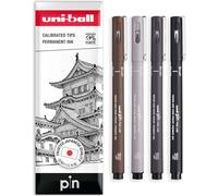Uni Pin Fineliner Drawing Pen - Black, Dark Grey, Light Grey, Sepia - Brush Nib - 1 of Each - Pack of 4 in Envelope Gift Packaging