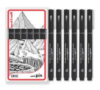 Uni Pin Fineliner Drawing Pen - Black Ink - Pack of 6 - Fine 0.5mm Nib Tip - in Gift Box