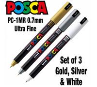 Uni Posca PC-1MR Paint Marker Art Pens - Set of 3 - White, Gold and Silver