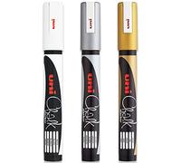 Uni PWE-5M Liquid Chalk Marker Pen - Whiteboard Blackboard Chalkboard - Non Permanent - Gold, Silver & White - Pack of 3