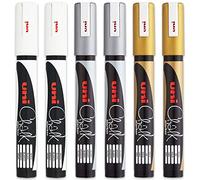 Uni PWE-5M Liquid Chalk Marker Pen - Whiteboard Blackboard Chalkboard - Non Permanent - Gold, Silver & White - Pack of 6