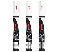 Uni White Bullet Nib Tip (1.8 - 2.5mm) Liquid Chalk Marker Pen Colour Whiteboard Blackboard Chalkboard Menu Glass Windows Wet Wipe Non Permanent (Pack Of 3) PWE-5M