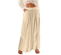 UNIANKIYA Womens Boho Wide Leg Pants Lace Ruffle Harem Pants Palazzo Trousers Flowy Summer Beach Travel Lounge Outfits, Apricot, Large