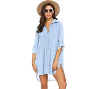 UNibelle Strandkleid Damen Bikini Cover Up Tunika Bluse Lang Strandkleid Damen Shirt Strandponcho Sommer Cuffed Sleeve Shirts Tops Himmelblau