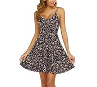 UNibelle Summer Dress Women's Short Strappy Dress Floral Pattern Dress V-Neck Beach Dress Adjustable Spaghetti Straps Ruffle Dresses XS-XXL, Blue/Orange Leopard Print, XXL