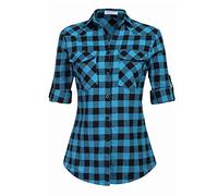 UNibelle Traditional Blouse Women's Checked Shirts Long Sleeve Traditional Shirt Oktoberfest Blouse Checked Shirt Wooden Faller Shirt Tops Casual V-Neck Shirt Blouse, Blue (one size smaller for slim
