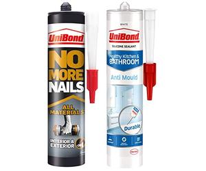 UniBond 2492850 No More Nails All Materials Interior & Exterior Construction Adhesive & 2079356 Anti-Mould White, Waterproof Mould Protection Kitchen & Bathroom Sealant