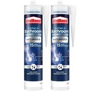 Unibond Bath & Kitchen Mould-Resistant, Transparent Silicone Sealant, Silicone-Based Sanitary Sealant, Waterproof Caulk, 1 x 280ml Cartridge (Pack of 2)