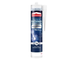 Unibond Bath & Kitchen Mould-Resistant, Transparent Silicone Sealant, Silicone-Based Sanitary Sealant, Waterproof Caulk, 1 x 280ml Cartridge
