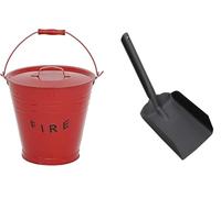 Unibos 12L Steel Grey Ash Bucket With Lid, Wooden Handle and Shovel - Fireside Fireplace Accessories (Red)
