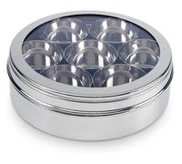 Unibos | 20cm Stainless Steel Spice Box/Masala Tin Dabba With 7 Compartments, Transparent Lid & 1 Spoon, Spice Organising Storage Box