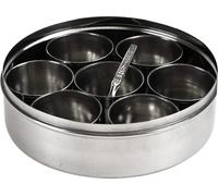 Unibos | Authentic Indian Spice Tin Dabba Box Stainless Steel Masala Tiffin Tin Kitchen Masala Container 7 Compartments Storage With FREE Serving Spoon & Clear Lid (19cm)