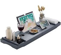 Unibos Bath Caddy with candle, wine glass, book, tablet, ipad & phone holder. Extendable/adjustable bridge, Natural wood over bathtub tray100% bamboo (Grey with Foldable Legs)