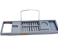 Unibos Bath Caddy with candle, wine glass, book, tablet, ipad & phone holder. Extendable/adjustable bridge, Natural wood over bathtub tray100% bamboo (Grey)