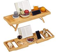 Unibos Bath Caddy with candle, wine glass, book, tablet, ipad & phone holder. Extendable/adjustable bridge, Natural wood over bathtub tray 100% bamboo (Natural with folding legs)