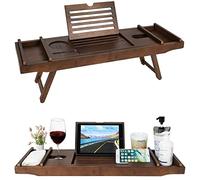 Unibos Bath Caddy with candle, wine glass, book, tablet, ipad & phone holder. Extendable/adjustable bridge, Natural wood over bathtub tray100% bamboo (Brown with Foldable Legs)