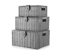Unibos | Woven Wicker Hamper Basket | Comes with Lid & Lock | Decorative Storage Box | Resin Shelf Storage Baskets | for Organizing Toys, Clothes, Office etc | Insert Handles | Set of 3 |