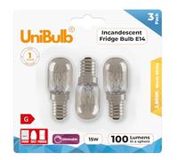Unibulb 15W E14 Fridge Light Bulb 230V-240V Pygmy SES Incandescent Bulbs 2800K Warm White | Suitable for Salt Lamps, Ovens, Fridges or Freezers | Small Edison Screw Base, Pack of 3