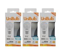 Unibulb B22 Bayonet GLS, 806 Lumens, 7.3W LED Light Bulb, Replaces 60W, 6500K Daylight, Non-Dimmable, 25yr lifespan (3)