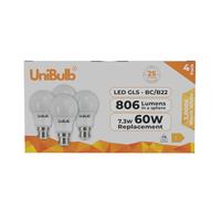 Unibulb B22 / BC/Bayonet GLS 7.3W Energy Efficient LED Light Bulb, 806 Lumens, 3000K Warm White, 60W Equivalent, 25,000hr Life, Non-Dimmable, Pack of 4